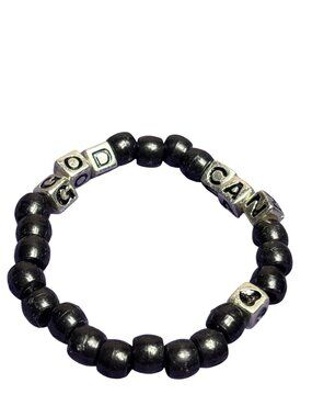 Slightly Stretchy Roll On Bracelet Black Plastic Beaded Silvertone God Can Heart
